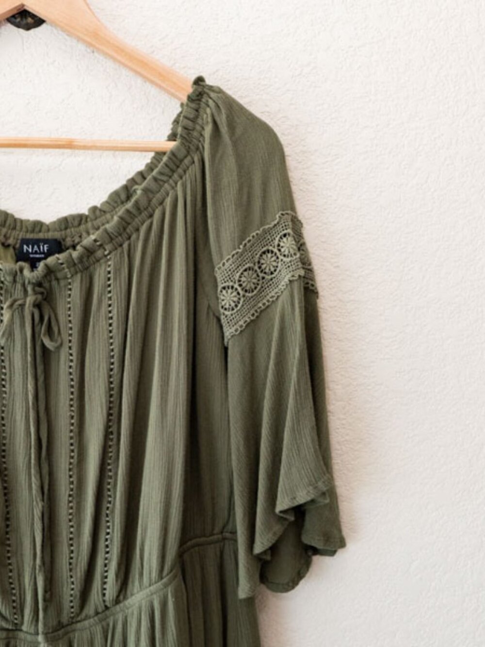 Naif Women 2X Olive Green Boho Dress Peasant Flutter Sleeve Elastic Neckline - Picture 4 of 13